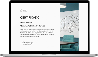 Certificado de participação da Imersão NR1 na Prática, assinado por Izabella Camargo